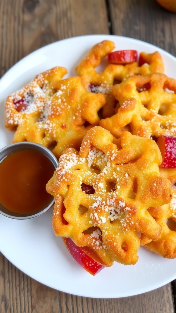 Delicious Apple Fritters Recipe Golden brown apple fritters dusted with powdered sugar on a rustic plate, served with caramel sauce.